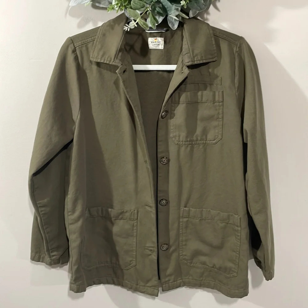 New Marine Layer Gracey Chore Coat Button Front Patch Pockets in Dusty Olive XS